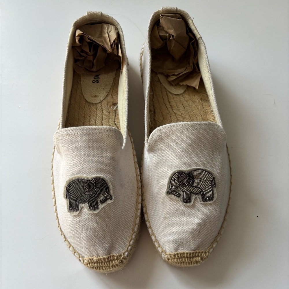 Soludos Natural Canvas Espadrilles Beaded Elephants Off-White Size 9.5